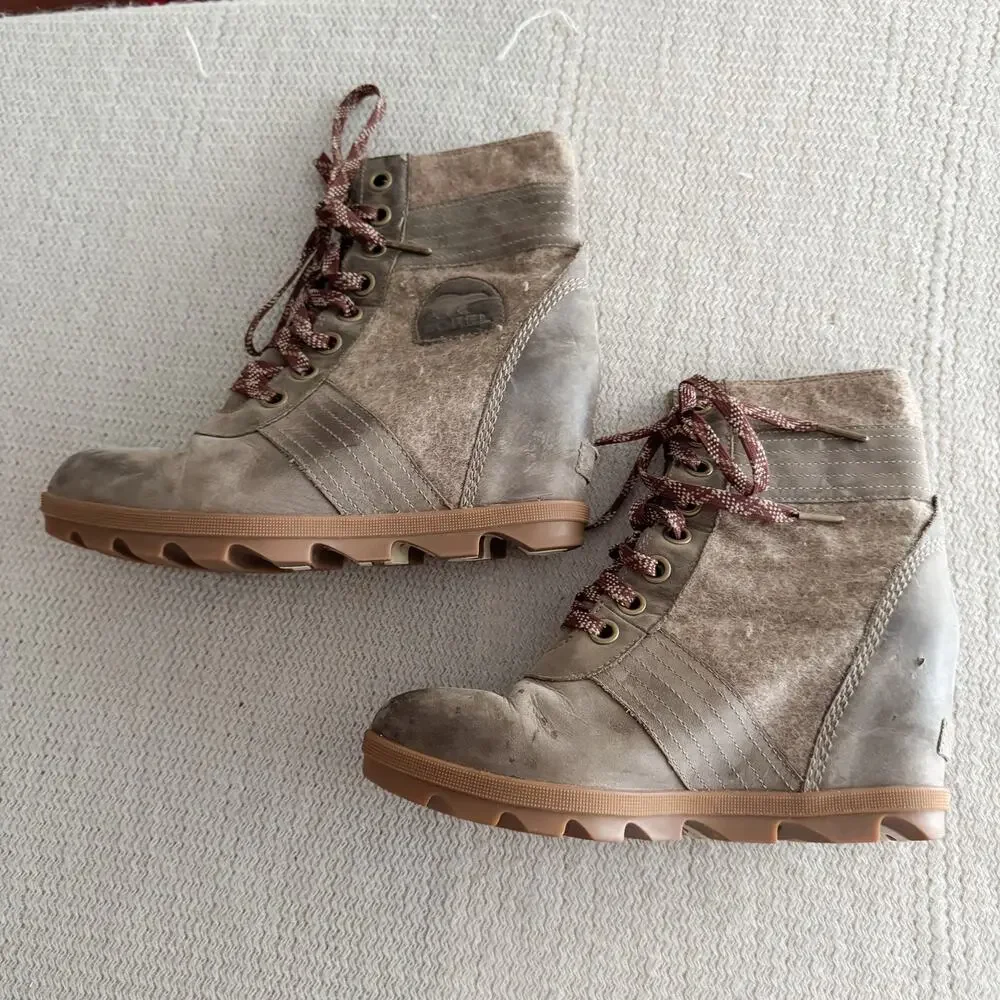 Sorel Brown Grey Wool Detail Lexie Wedge Ankle Bootie Size 8.5 Outdoor Gorp